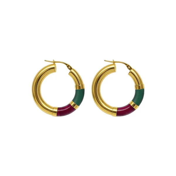 Orecchini Cerchio 90's Baby - Verde / Bordeaux - Medio, Oro giallo