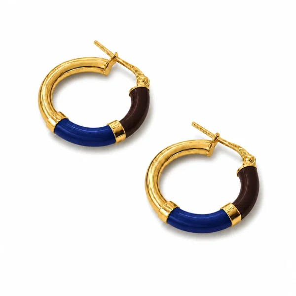 Orecchini Cerchio 90's Baby - Marrone cioccolato / Blu Notte - Piccolo, Oro giallo