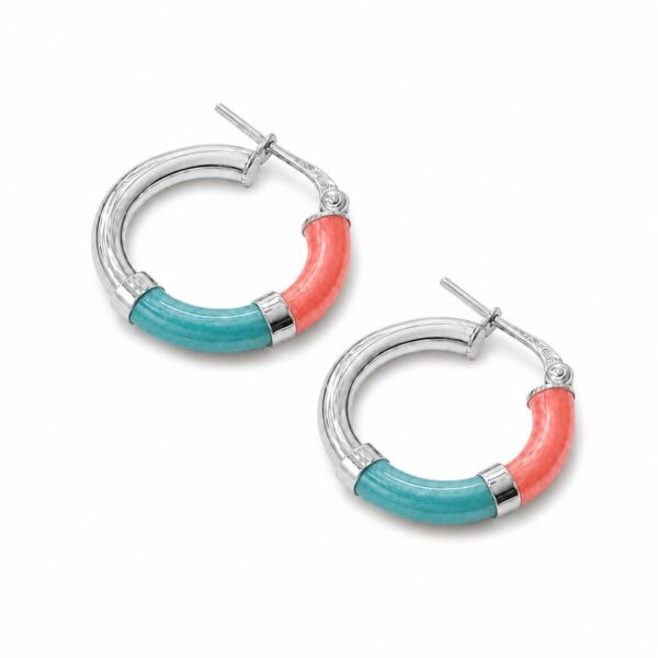 Orecchini Cerchio 90's Baby - Turchese / Rosa corallo - Piccolo, Argento